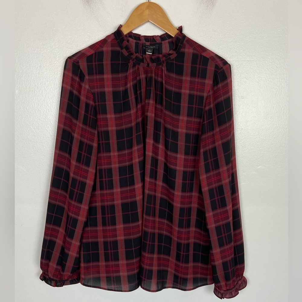 Anne Taylor Chiffon Plaid Long Sleeve Top Sz L V-Neck Peasant Preppy‎ Semi Sheer